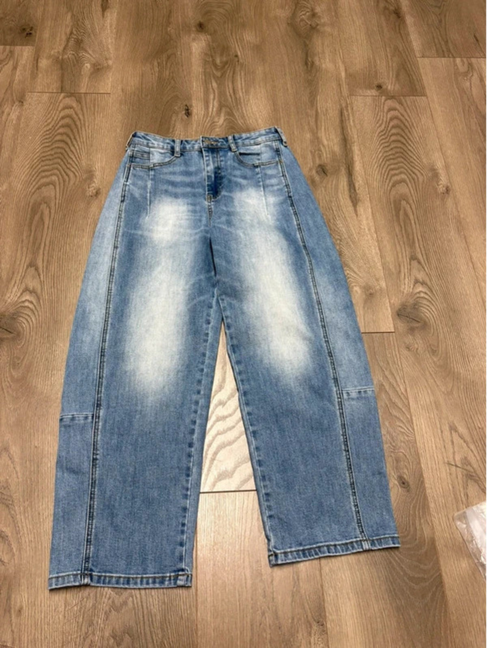 Miou Muse Barrel Jeans - Blue Denim - Wide Leg - Cropped - High-Rise - Size S